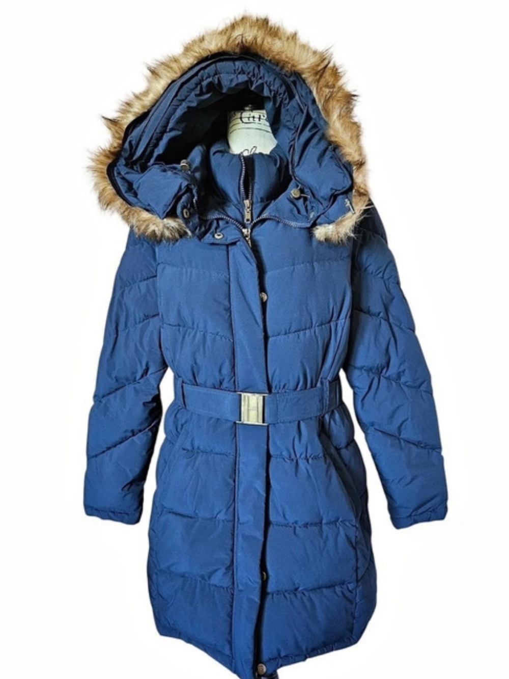 Tommy Hilfiger Faux Fur Trim Hooded Belted Puffer Coat Blue Puffer Coat XL
